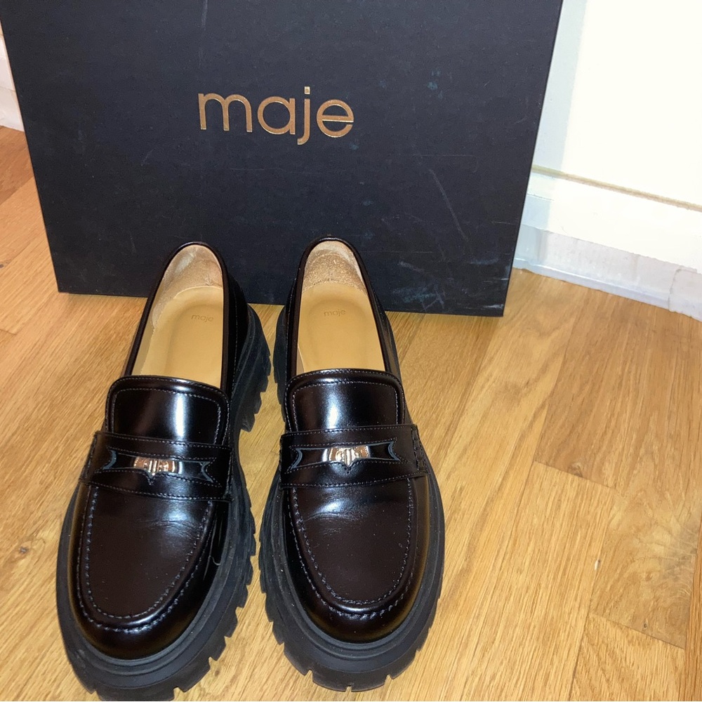 New! Maje Black Leather Medallion chunky Penny Loafers